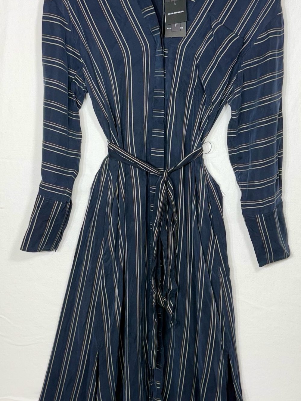 Club Monaco Stripe Tie Waist Robe Dress Navy Blue Gold Size M NWT